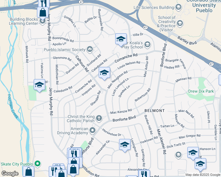 map of restaurants, bars, coffee shops, grocery stores, and more near 33 Loch Lomond Lane in Pueblo
