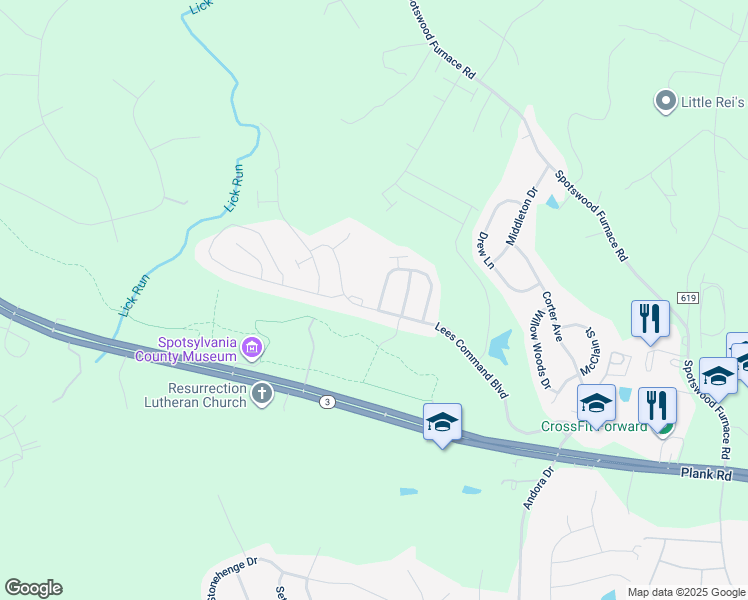 map of restaurants, bars, coffee shops, grocery stores, and more near 12525 Regiment Lane in Fredericksburg