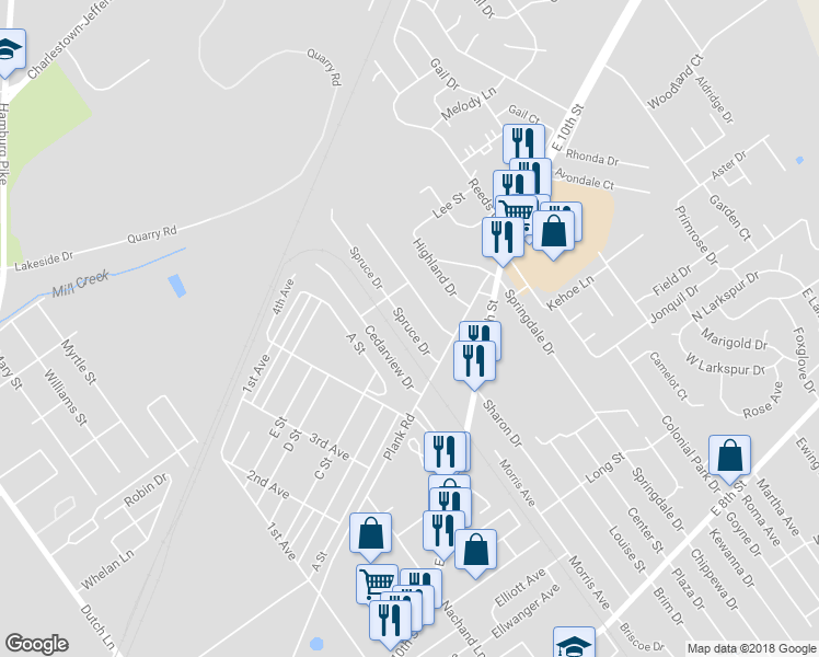 map of restaurants, bars, coffee shops, grocery stores, and more near 1115 Spruce Drive in Jeffersonville