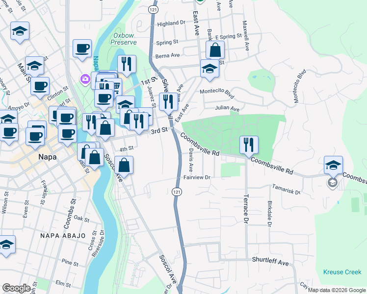 map of restaurants, bars, coffee shops, grocery stores, and more near 1 Hennessy Drive in Napa