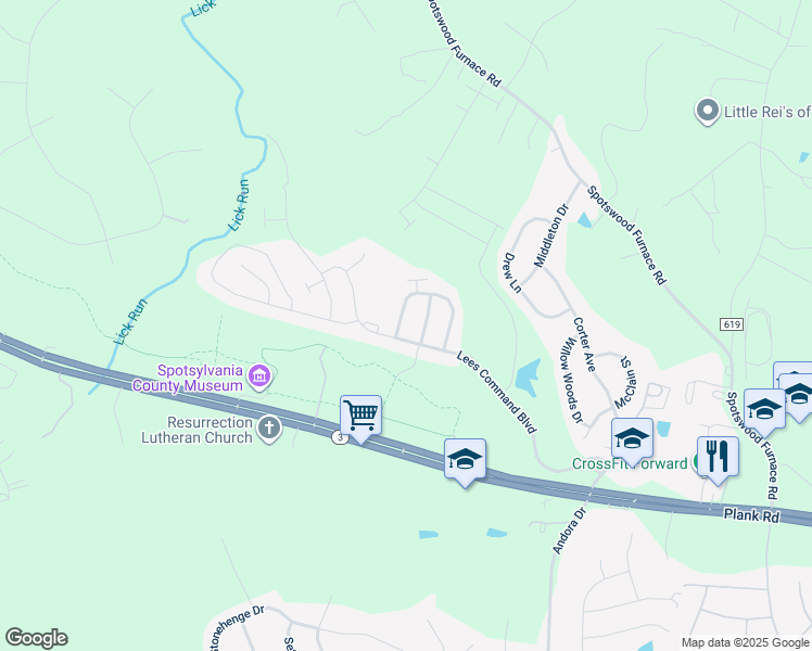 map of restaurants, bars, coffee shops, grocery stores, and more near 12524 Regiment Lane in Fredericksburg