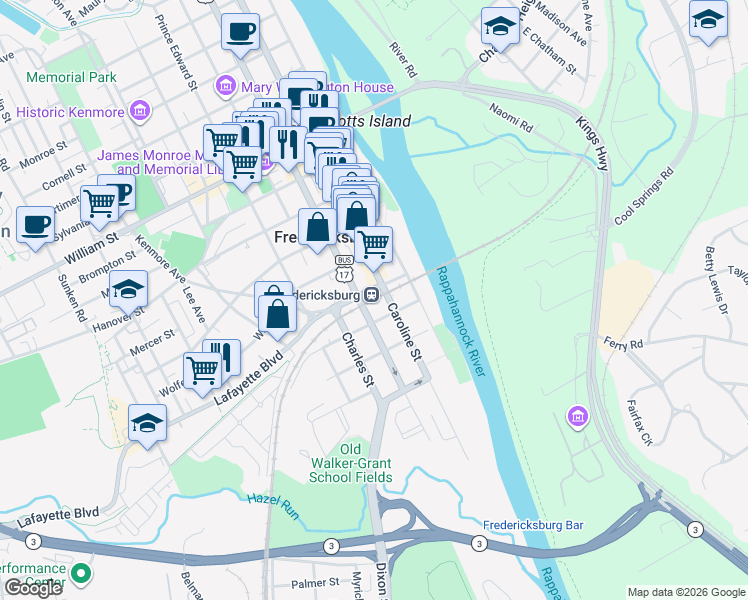 map of restaurants, bars, coffee shops, grocery stores, and more near 200 Lafayette Boulevard in Fredericksburg