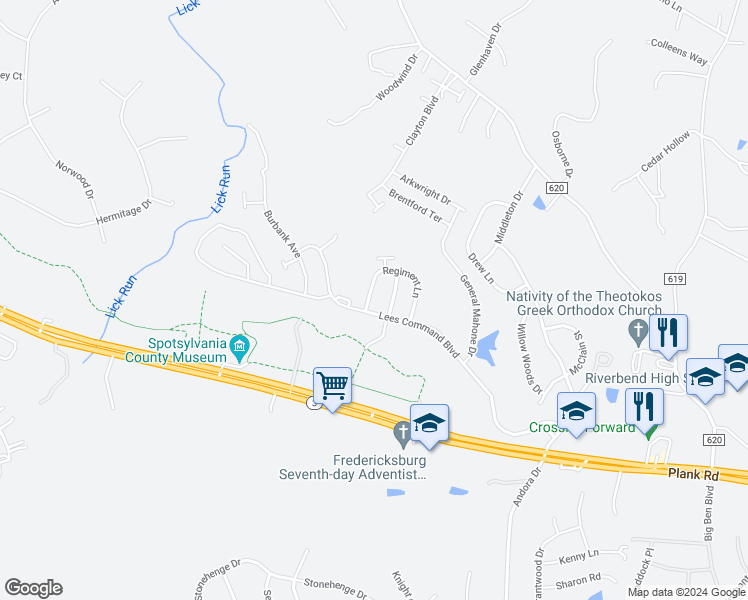 map of restaurants, bars, coffee shops, grocery stores, and more near 12524 Regiment Lane in Fredericksburg