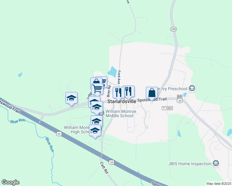 map of restaurants, bars, coffee shops, grocery stores, and more near 40 Village Road in Stanardsville