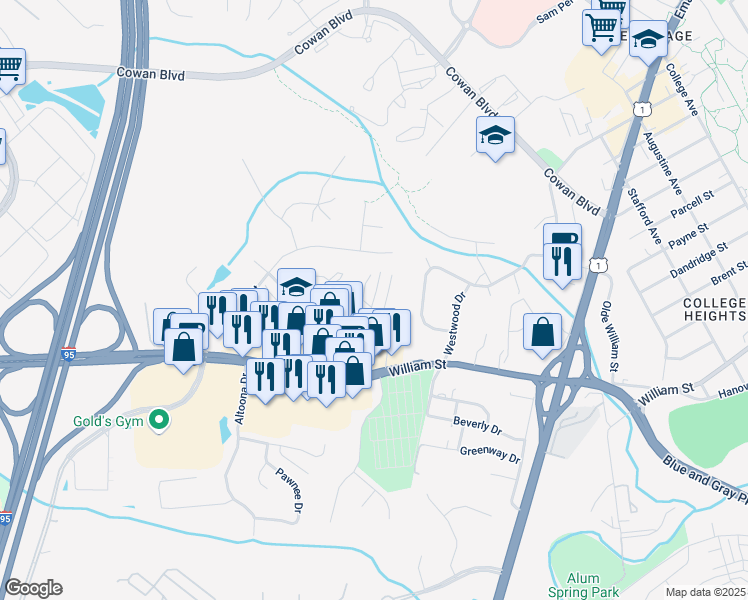 map of restaurants, bars, coffee shops, grocery stores, and more near 2000 Woodlyn Drive in Fredericksburg