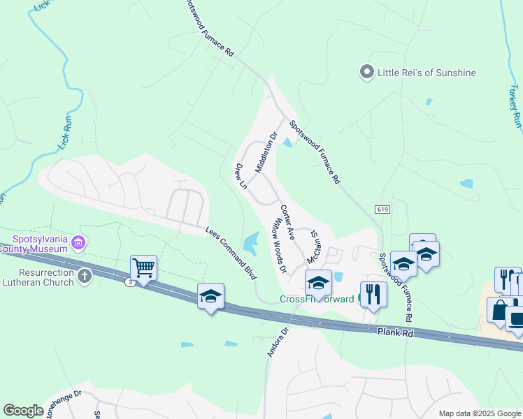 map of restaurants, bars, coffee shops, grocery stores, and more near 7306 Drew Lane in Fredericksburg