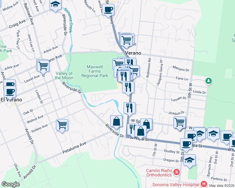 map of restaurants, bars, coffee shops, grocery stores, and more near 19323 California 12 in Sonoma