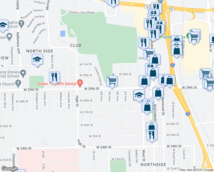 map of restaurants, bars, coffee shops, grocery stores, and more near 2901 5th Avenue in Pueblo