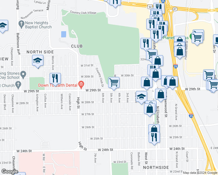 map of restaurants, bars, coffee shops, grocery stores, and more near 1104 West 29th Street in Pueblo