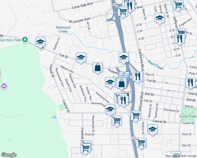 map of restaurants, bars, coffee shops, grocery stores, and more near 223 Valley Oak Drive in Napa
