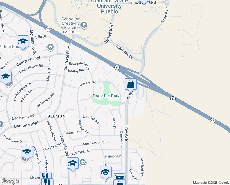 map of restaurants, bars, coffee shops, grocery stores, and more near 7 Hampton Lane in Pueblo