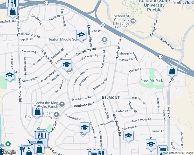 map of restaurants, bars, coffee shops, grocery stores, and more near 27 Macarthur Road in Pueblo