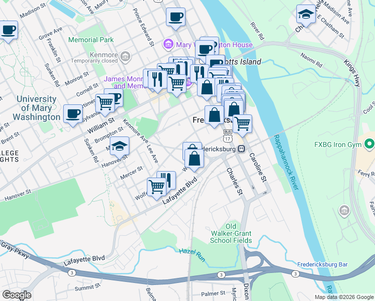 map of restaurants, bars, coffee shops, grocery stores, and more near 614 Kenmore Ave in Fredericksburg