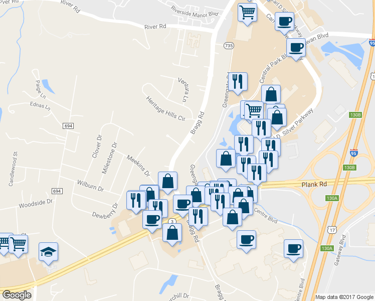 map of restaurants, bars, coffee shops, grocery stores, and more near 1309 Bragg Road in Fredericksburg