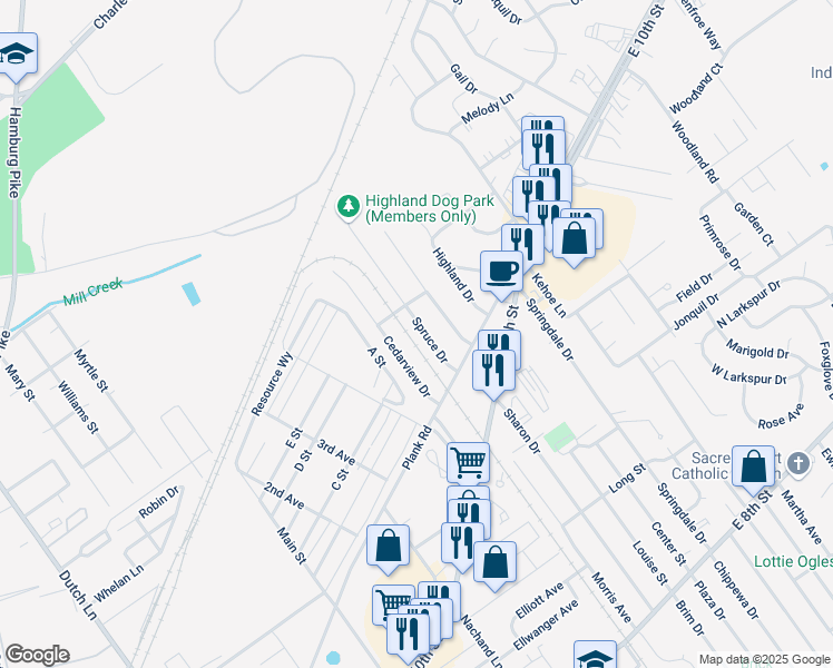 map of restaurants, bars, coffee shops, grocery stores, and more near 1115 Spruce Drive in Jeffersonville