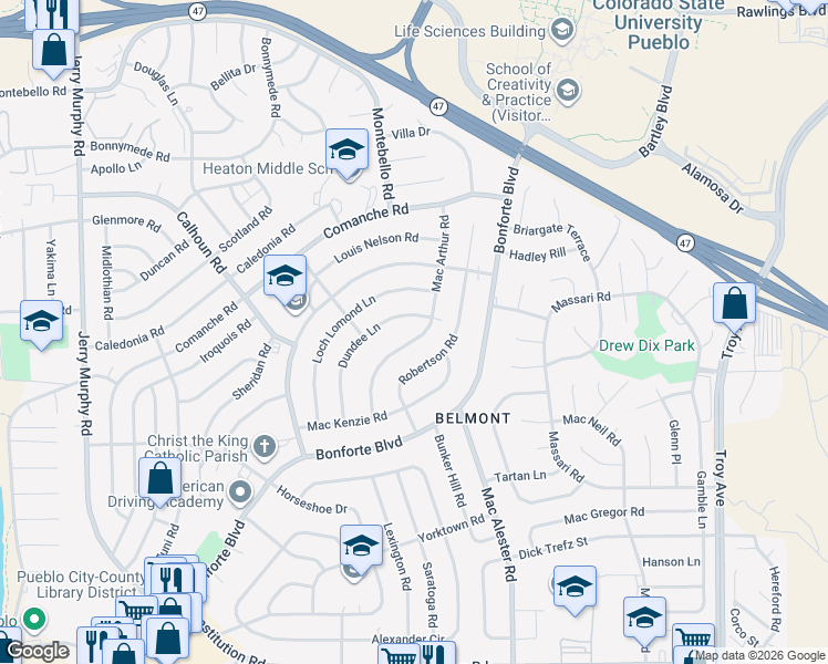 map of restaurants, bars, coffee shops, grocery stores, and more near 27 Macarthur Road in Pueblo