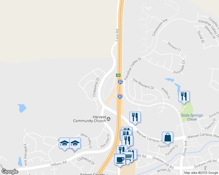 map of restaurants, bars, coffee shops, grocery stores, and more near 3700 Lyon Road in Fairfield