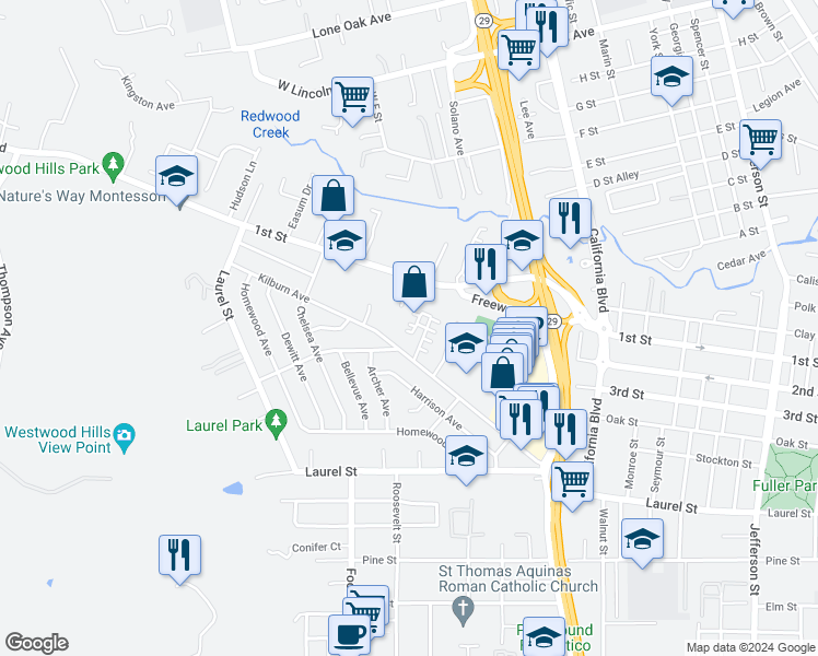 map of restaurants, bars, coffee shops, grocery stores, and more near 232 Valley Oak Drive in Napa