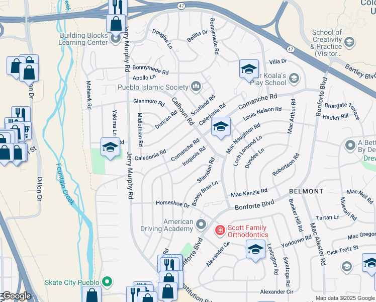 map of restaurants, bars, coffee shops, grocery stores, and more near 1812 Comanche Road in Pueblo