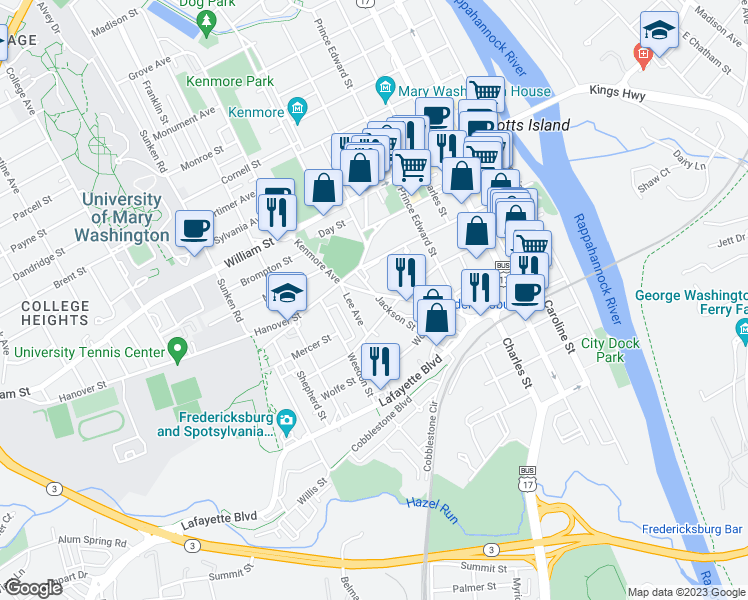 map of restaurants, bars, coffee shops, grocery stores, and more near 710 Jackson Street in Fredericksburg