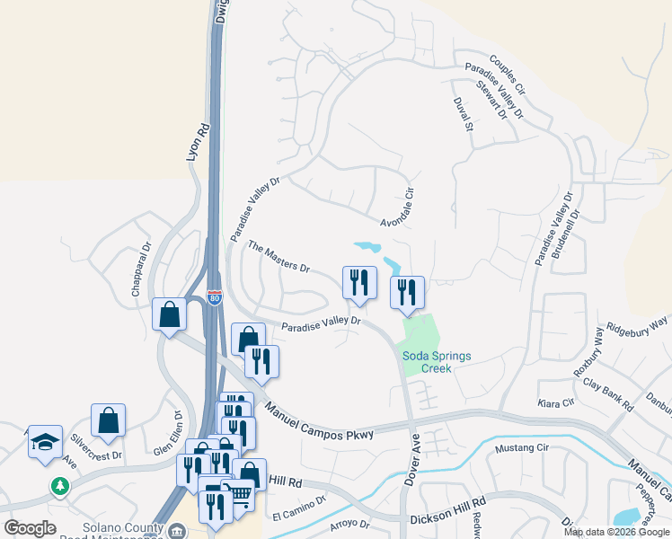 map of restaurants, bars, coffee shops, grocery stores, and more near 4357 The Masters Drive in Fairfield