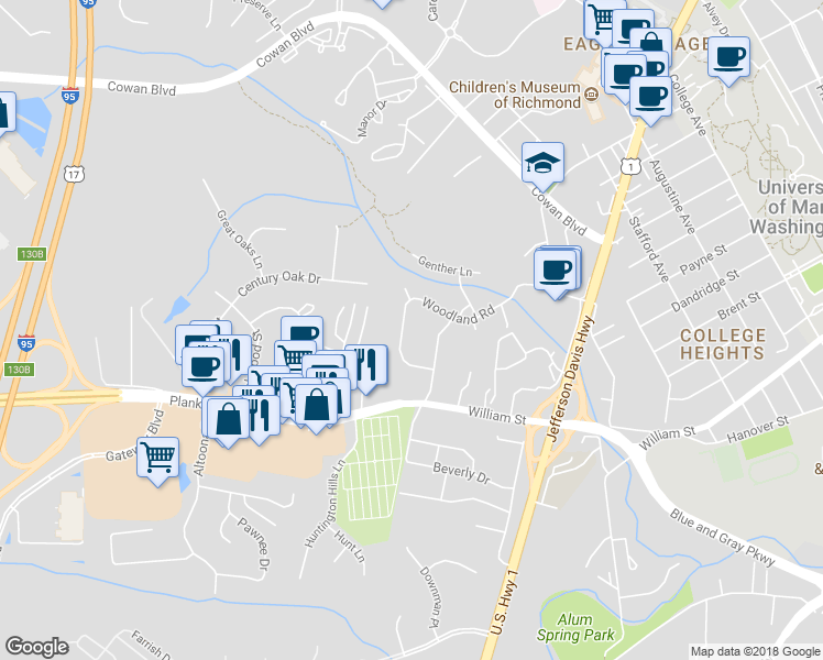 map of restaurants, bars, coffee shops, grocery stores, and more near 109 Woodland Road in Fredericksburg
