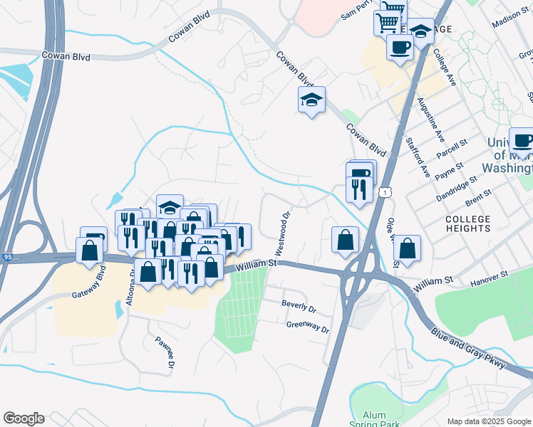 map of restaurants, bars, coffee shops, grocery stores, and more near 109 Woodland Road in Fredericksburg