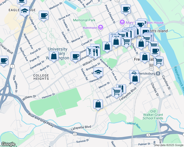map of restaurants, bars, coffee shops, grocery stores, and more near 909 Marye Street in Fredericksburg