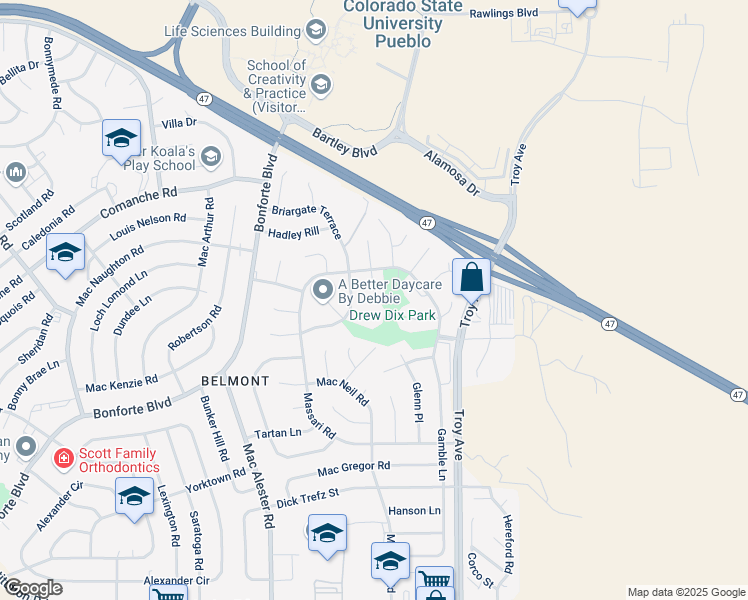 map of restaurants, bars, coffee shops, grocery stores, and more near 6 Dover Lane in Pueblo