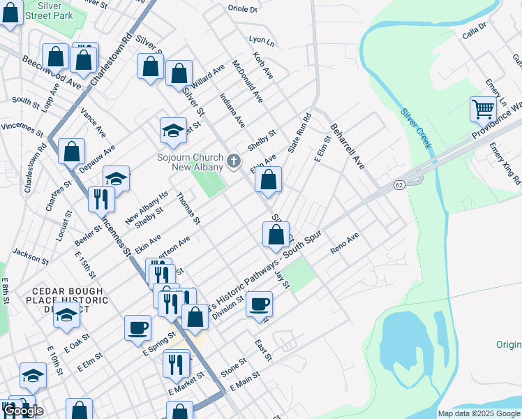 map of restaurants, bars, coffee shops, grocery stores, and more near 2029 East Oak Street in New Albany