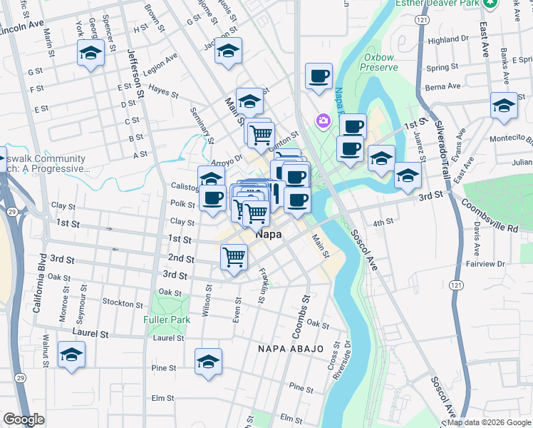 map of restaurants, bars, coffee shops, grocery stores, and more near 1202 1st Street in Napa
