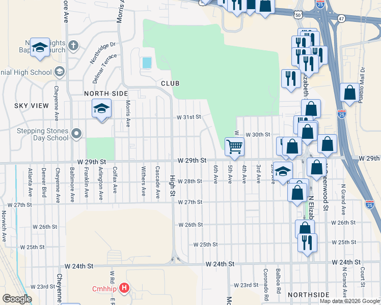 map of restaurants, bars, coffee shops, grocery stores, and more near in Pueblo