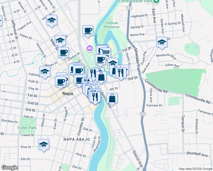 map of restaurants, bars, coffee shops, grocery stores, and more near in Napa