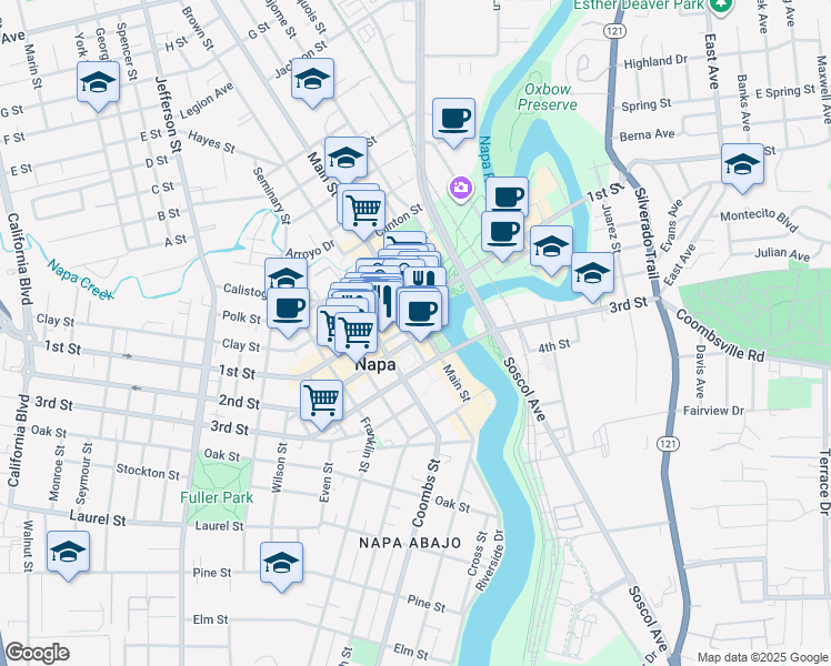 map of restaurants, bars, coffee shops, grocery stores, and more near 901 Main Street in Napa