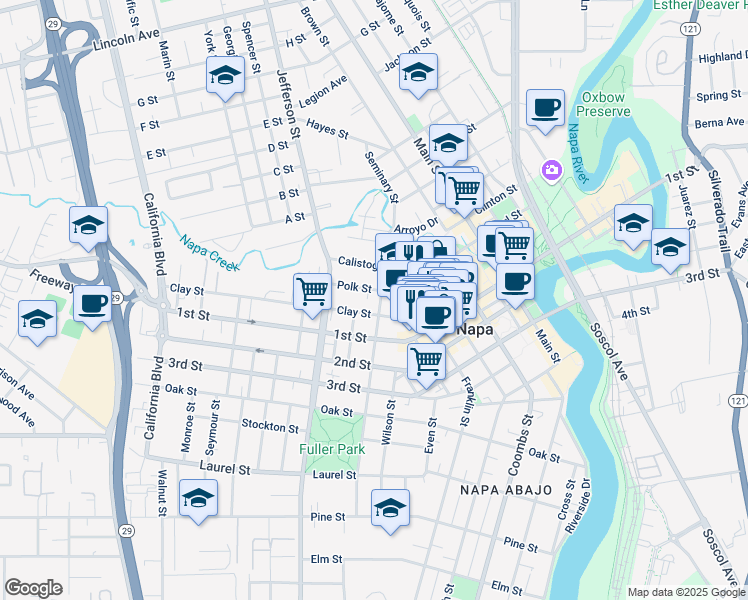 map of restaurants, bars, coffee shops, grocery stores, and more near 1526 Clay Street in Napa