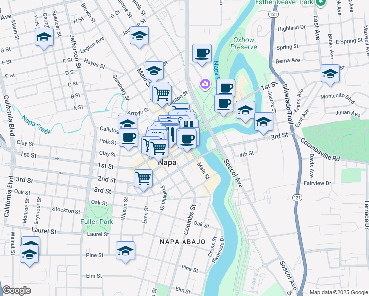 map of restaurants, bars, coffee shops, grocery stores, and more near 901 Main Street in Napa