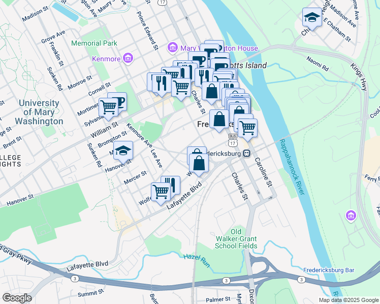 map of restaurants, bars, coffee shops, grocery stores, and more near 609 Kenmore Avenue in Fredericksburg