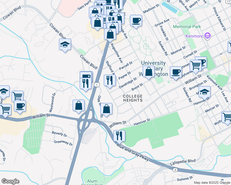 map of restaurants, bars, coffee shops, grocery stores, and more near 1418 Dandridge Street in Fredericksburg