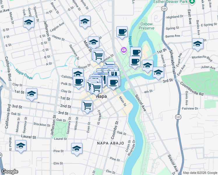 map of restaurants, bars, coffee shops, grocery stores, and more near Brown Street in Napa