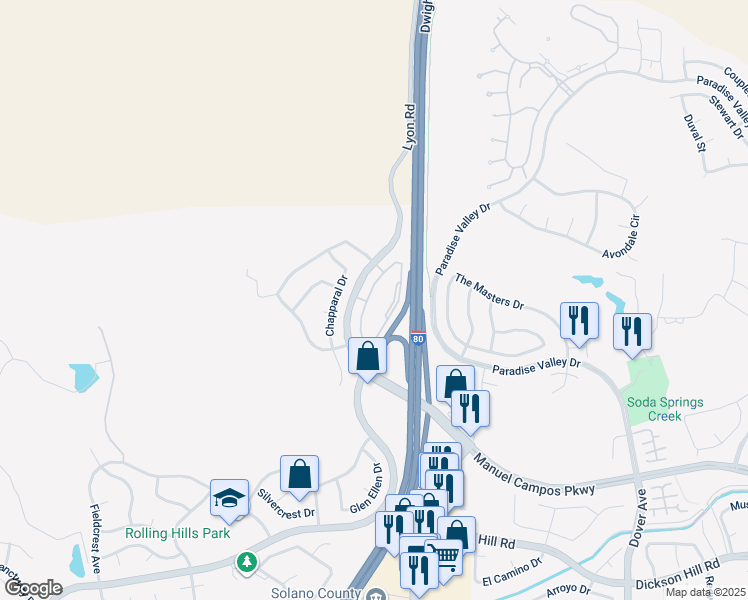 map of restaurants, bars, coffee shops, grocery stores, and more near 3700 Lyon Road in Fairfield