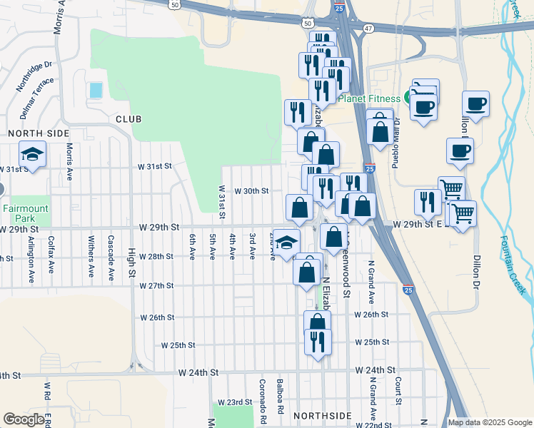 map of restaurants, bars, coffee shops, grocery stores, and more near 802 West 29th Street in Pueblo