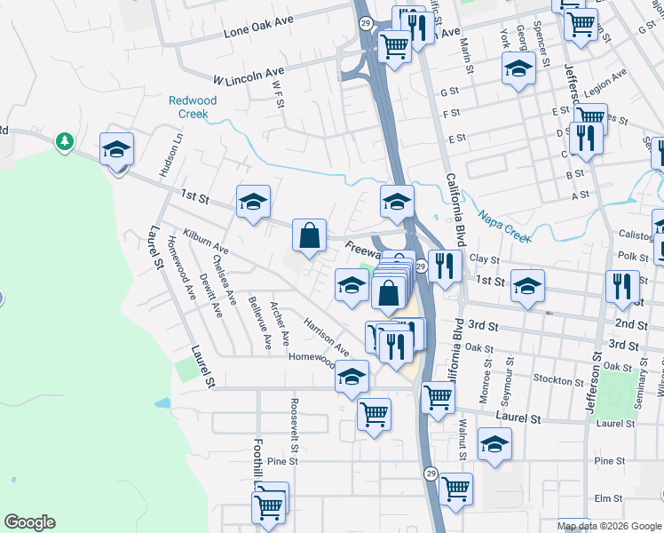 map of restaurants, bars, coffee shops, grocery stores, and more near 134 Valley Oak Drive in Napa