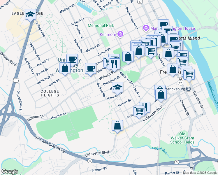 map of restaurants, bars, coffee shops, grocery stores, and more near 909 Marye Street in Fredericksburg
