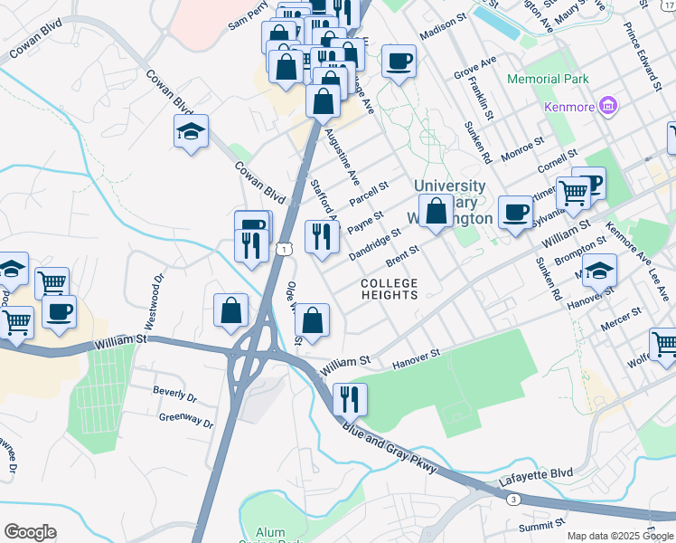 map of restaurants, bars, coffee shops, grocery stores, and more near 1418 Dandridge Street in Fredericksburg