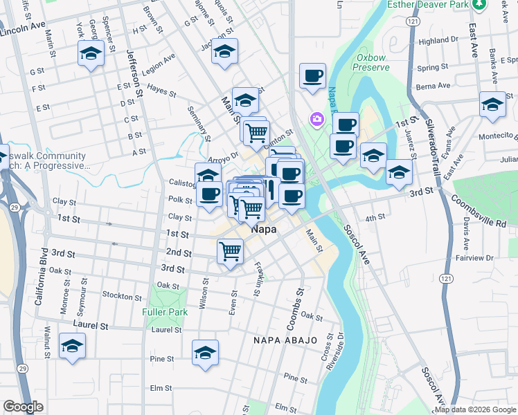 map of restaurants, bars, coffee shops, grocery stores, and more near 1202 1st Street in Napa