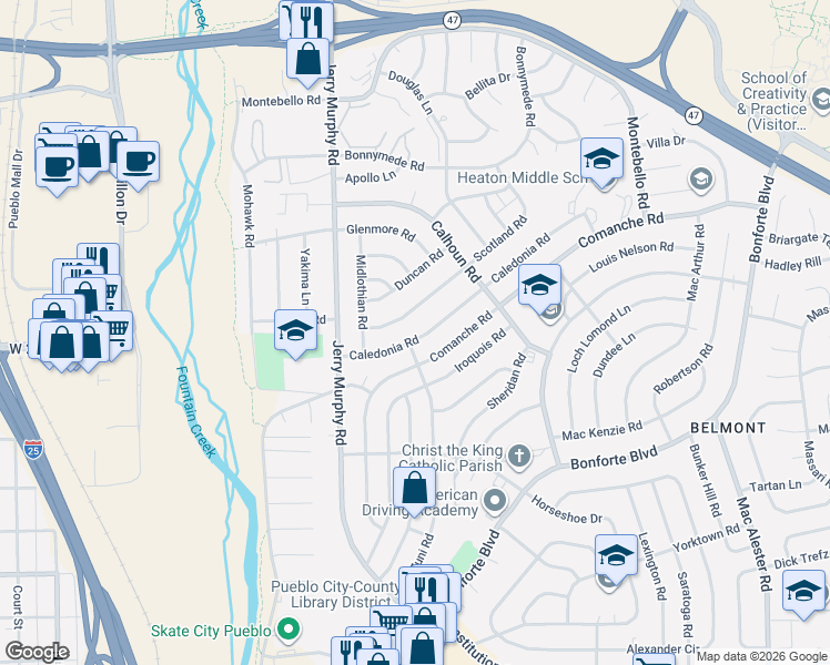 map of restaurants, bars, coffee shops, grocery stores, and more near 1800 Zuni Road in Pueblo