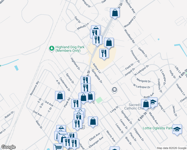 map of restaurants, bars, coffee shops, grocery stores, and more near 1640 E 10th St in Jeffersonville