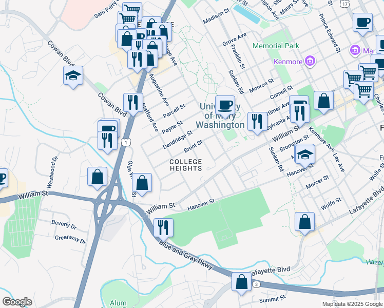 map of restaurants, bars, coffee shops, grocery stores, and more near 1208 Augustine Avenue in Fredericksburg