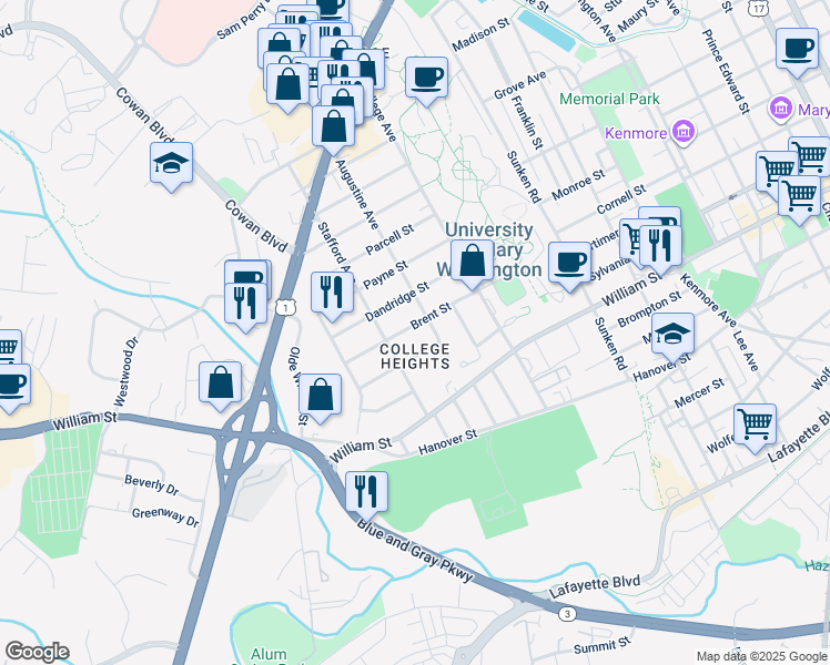 map of restaurants, bars, coffee shops, grocery stores, and more near 1308 Brent Street in Fredericksburg