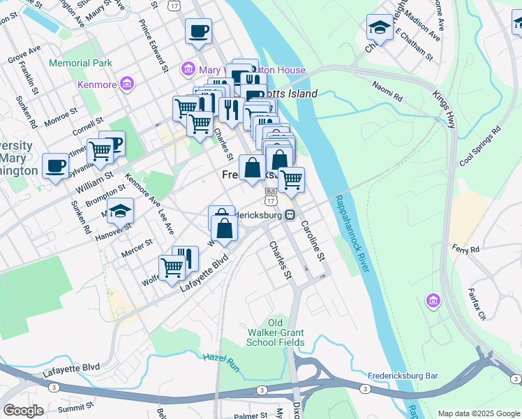 map of restaurants, bars, coffee shops, grocery stores, and more near 5 Lafayette Station in Fredericksburg